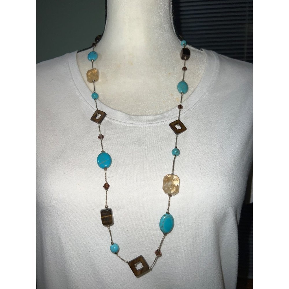 Premier Designs Promenade Tiger's Eye Faux Turquoise Station Necklace -- 30"